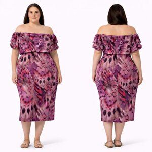 Anthropologie AFRM Zamora Off Shoulder Mesh Midi Dress Print Ruched NWT SZ 2X